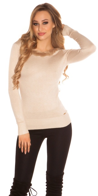 Back! finednitted jumper with fake fell Beige